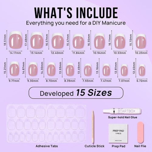 BTArtbox Press on Nails Short - White French Tip Press On Nails Square, Chrome Glazed Glue On Nails, Stick On Nails in 15 Sizes - 30 Soft Gel Fake Nail Kit, Be Elegant