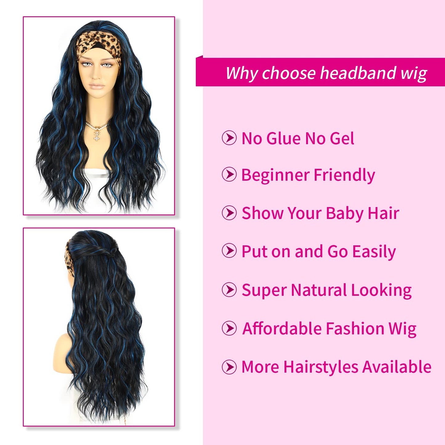 SAPPHIREWIGS Loose Body Wave Wig with Headband Attached Black Mix Blue Highlight Color Glueless Synthetic Headband Wig for Black Women 26 inches