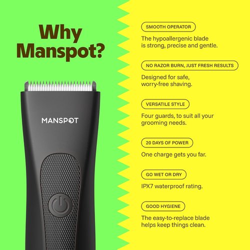 MANSPOT Groin & Body Hair Trimmer for Men - Waterproof Electric Shaver with 4 Guard Heads, 90 Min Runtime