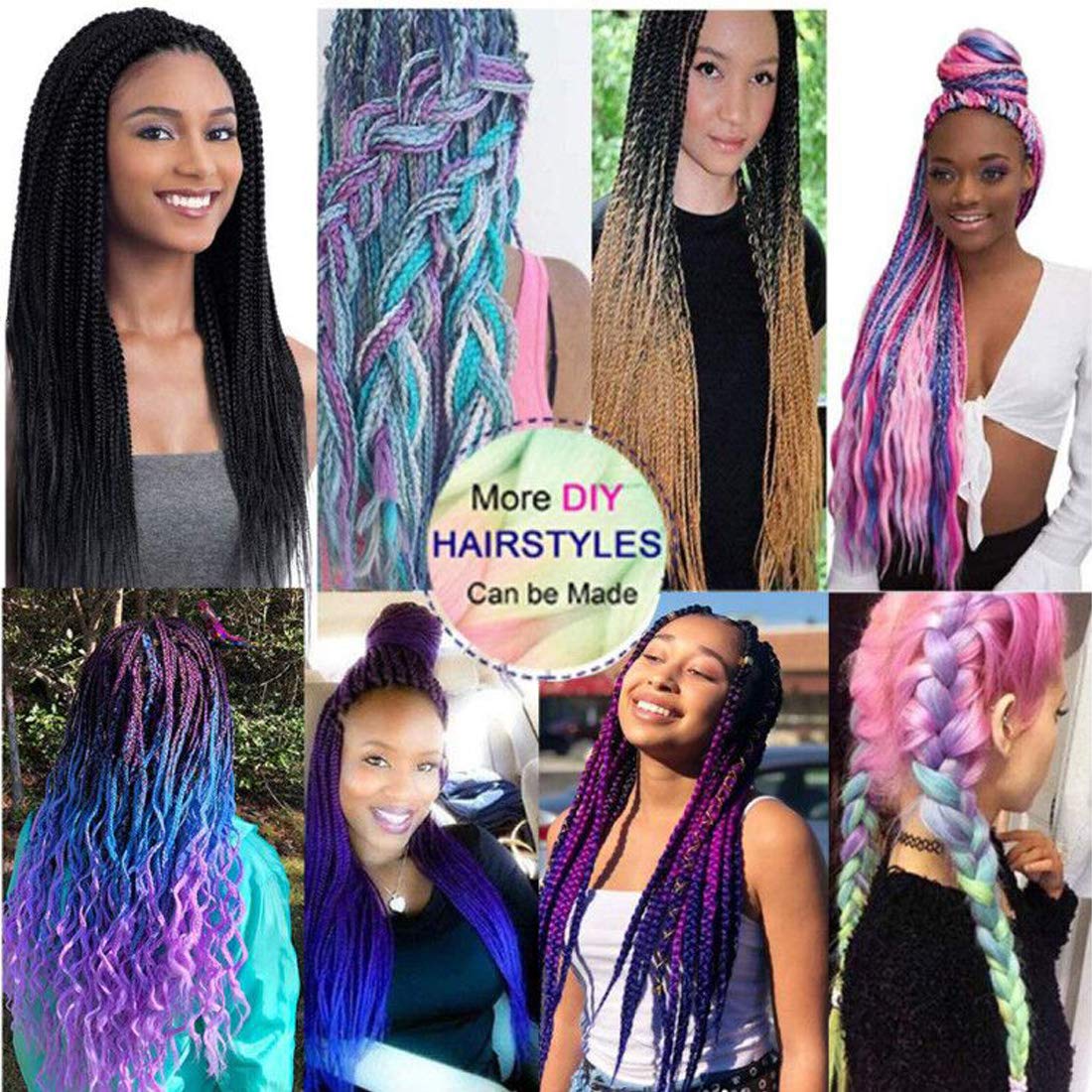 Xiaofeng Braiding Hair Extensions for Women 6 Packs 100g/Pack 24Inch High Temperature Ombre Jumbo Synthetic Braiding Hair for Twist Crochet Braids (24 Inch, purple-lake blue-light purple)