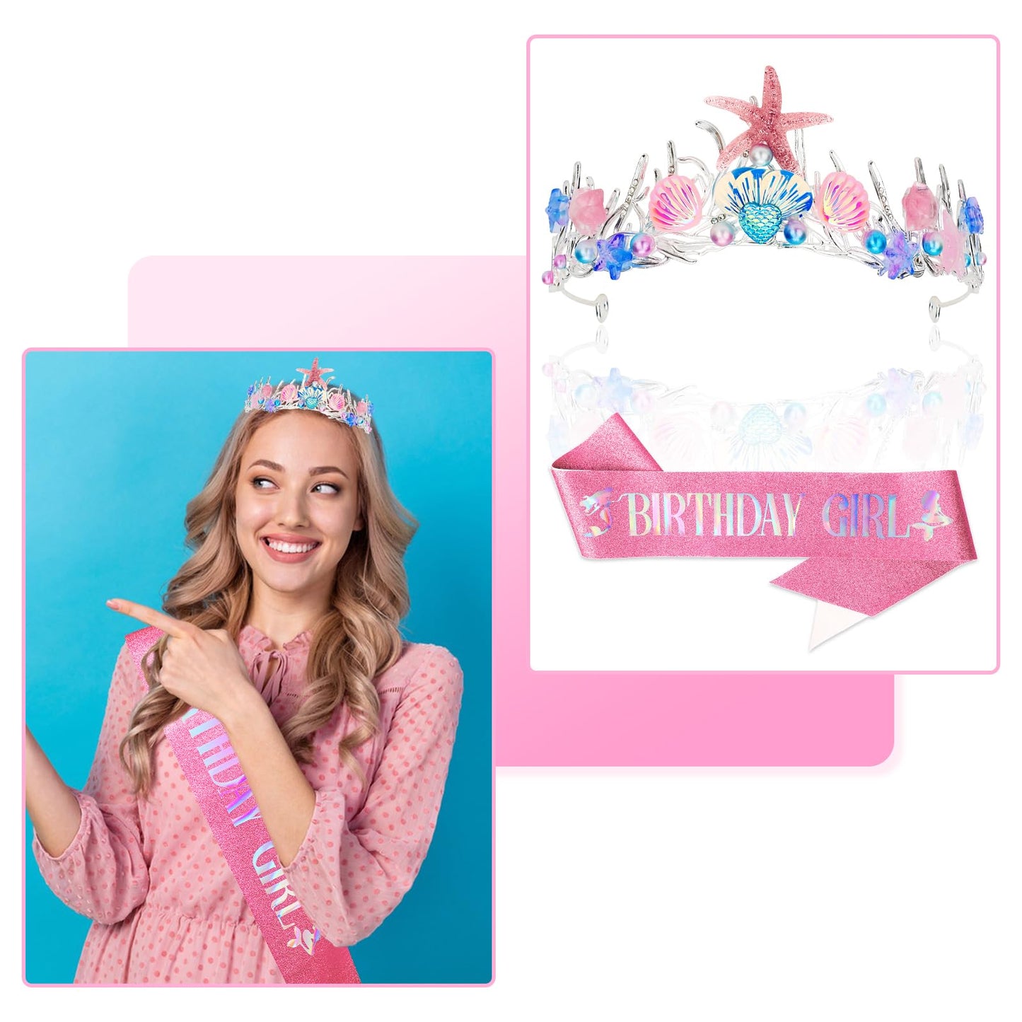 GAFATORY Pink Mermaid Crown and Sash for Women Birthday Crown and Sash for Birthday Girl Mermaid Adult Crown Ocean Theme Mermaid Birthday Decoration Birthday Gift Seashell Fishtail Crown Halloween