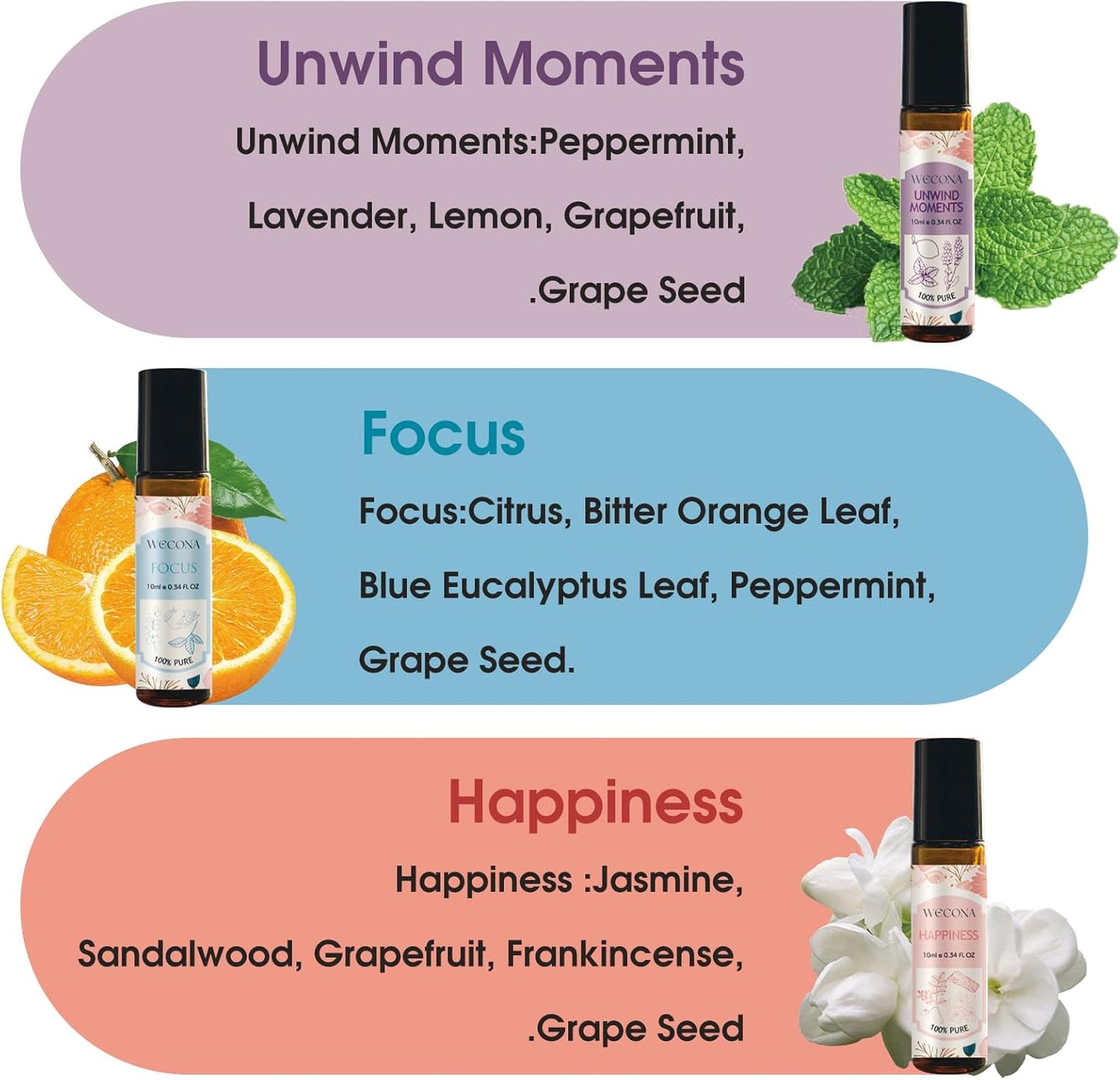 Wecona Aromatherapy Essential Oil Roll-On Set - 6x10ml Blends in Roller Bottles | Portable Relaxation Gift for Home
