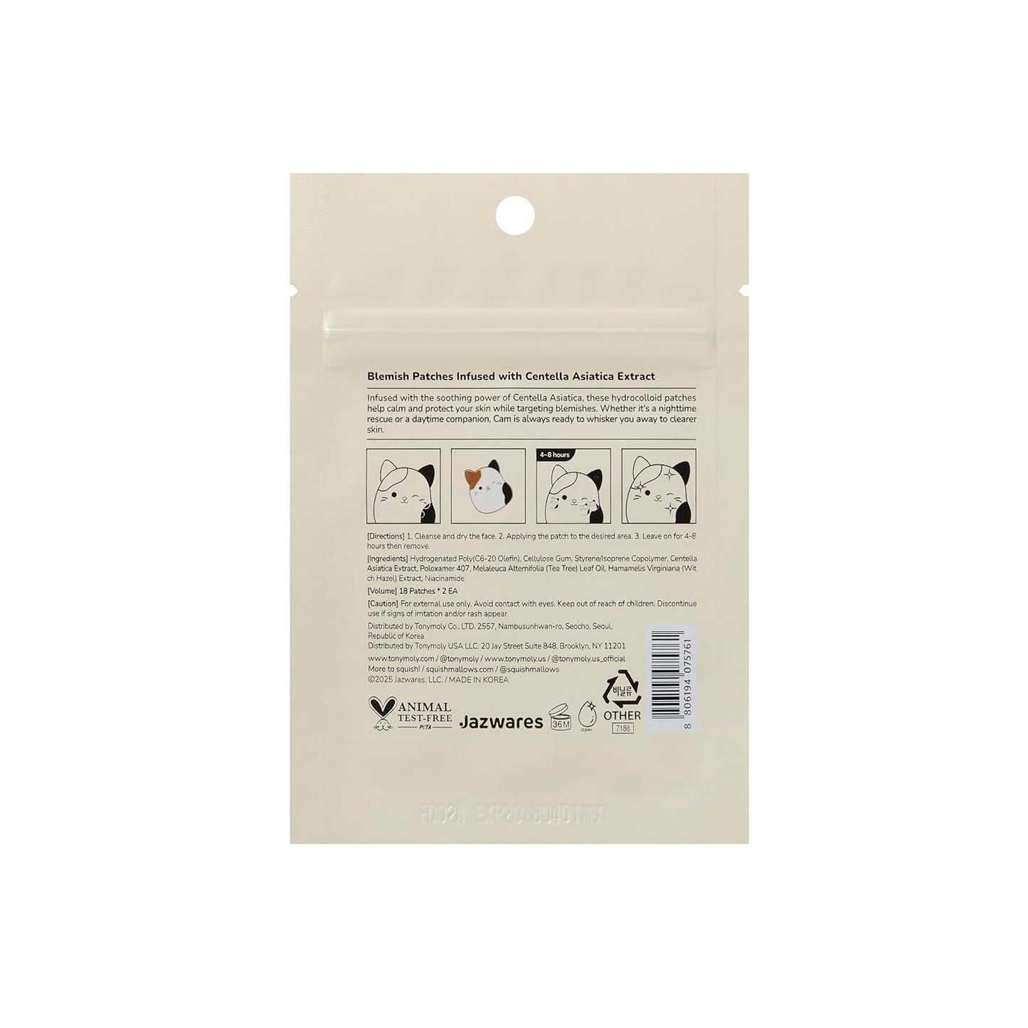 TONYMOLY x Squishmallows Cam the Calico Cat Blemish Patches – Centella Asiatica Hydrocolloid Acne Treatment Stickers for Face – Cute K-Beauty Pimple Patch – 36 Count