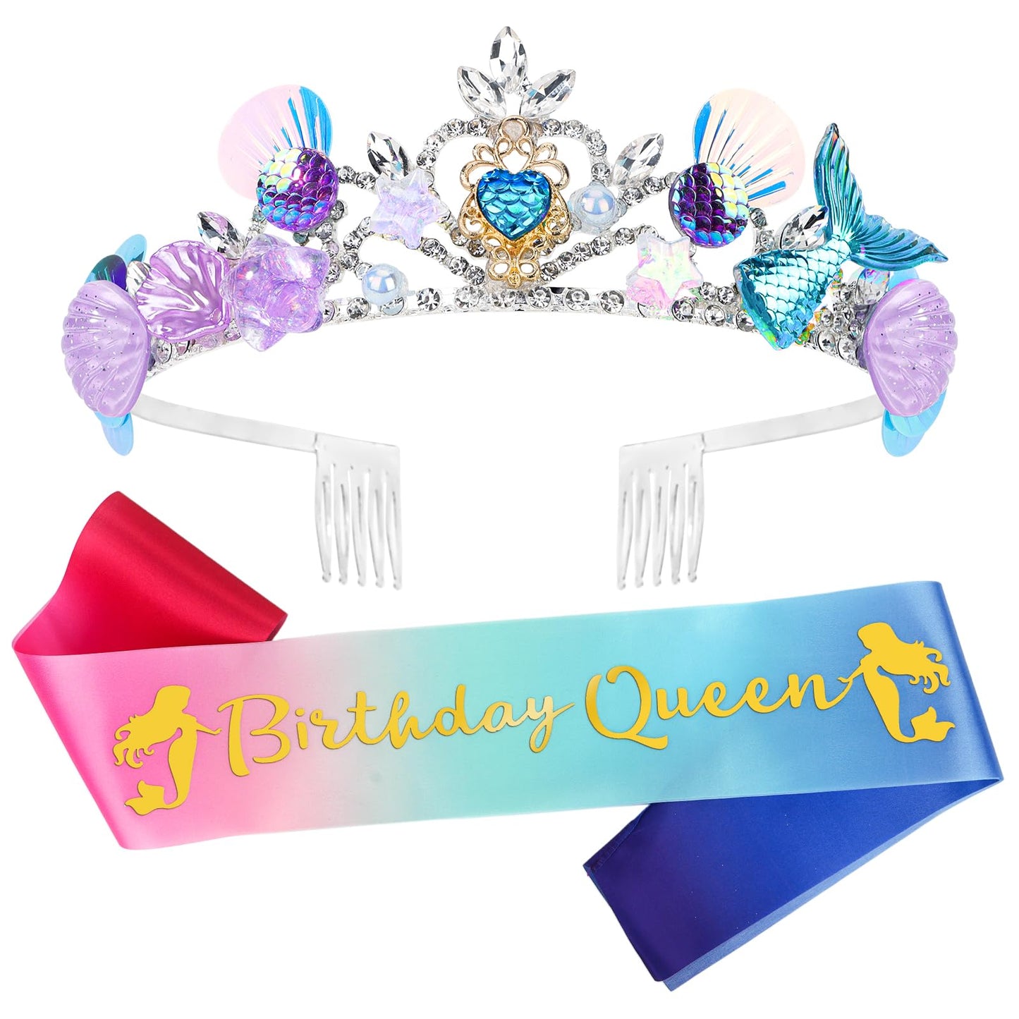 YARIEW Mermaid Birthday Crown and Birthday Queen Sash Mermaid Birthday Decorations Mermaid Party Decorations for Girls Birthday Sash for Women Mermaid Birthday Party Decoration