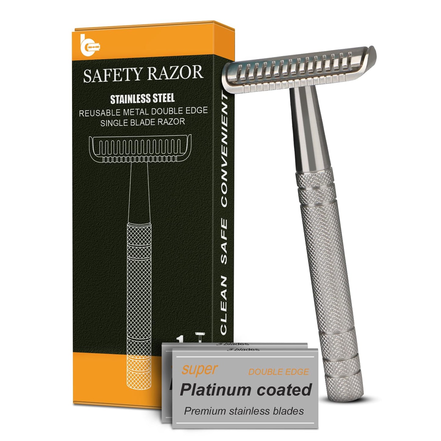 Stainless Steel Safety Razor - Single Blade Design for Men | Includes 10 Double Edge Blades, Heavy-Duty Handle, Smooth Shave, Silver Finish