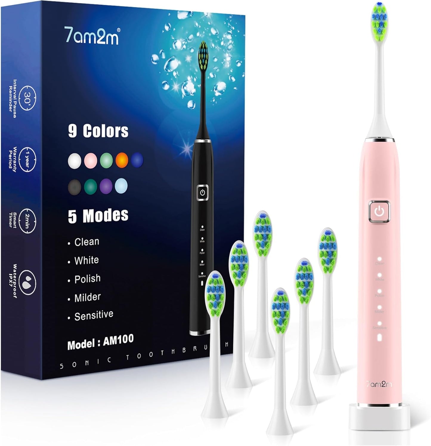 7AM2M Sonic Electric Toothbrush - 6 Brush Heads, 120-Day Battery, 5 Modes, Smart Timer | Pink