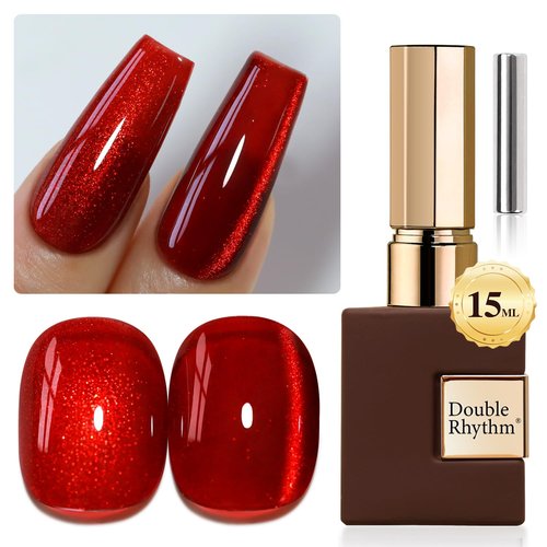 Double Rhythm Cat Eye Gel Polish - 0.5 OZ Holographic Glitter Magnetic Nail Polish | Blood Red