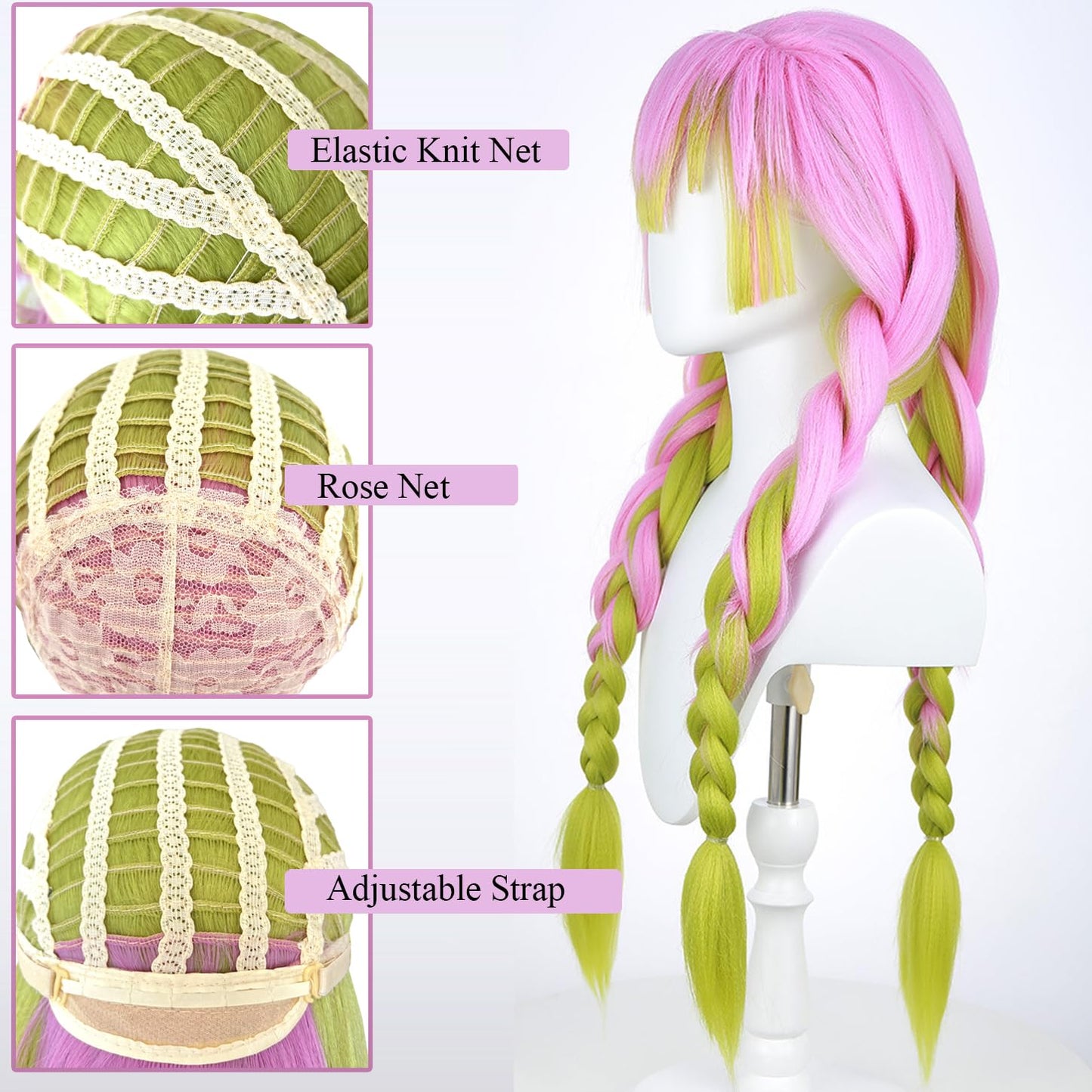 SEISAIDO Kanroji Mitsuri Wig DS Green and Pink Ombre 3 Pre-BraiDemon Slayer Characters Play Anime Cosplay Wigs Halloween Costume Party Christmas Gift Heat Resistant 80cm + wig cap