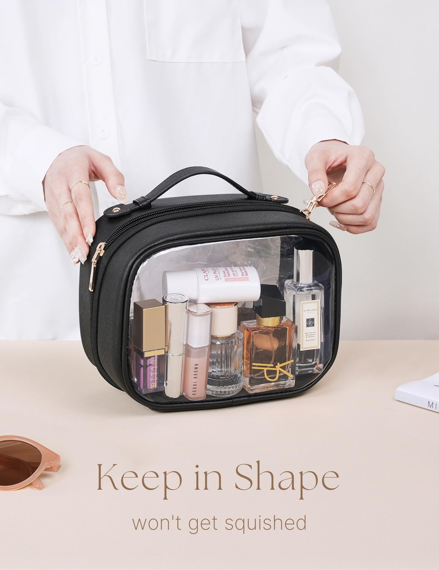 Oaque Clear Cosmetic Bag Double Layer Travel Toiletry Bag Clear Makeup Bag Case with Zipper Transparent Travel Bag for Toiletries, TSA Approved Toiletry Bag for Women Girls (Black)