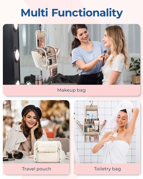 BAGSMART Toiletry Bag Travel Makeup Bag with Hanging Hook, Cosmetic Bag Make Organizer Case, Large Capacity Water-resistant Organizer for Toiletries Accessories Brushes Sponge, Beige