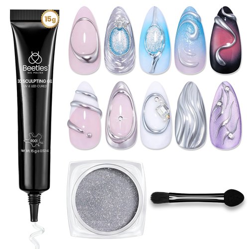 Beetles 3D Gel Nail Art, Sculpting Gel 3 in 1 Clear No Wipe Nail Polish Rhinestone Art Glue Gel for Drawing, Molding, Gems and Decoration with Silver Chrome Nail Powder for DIY Nail Designs, 15g