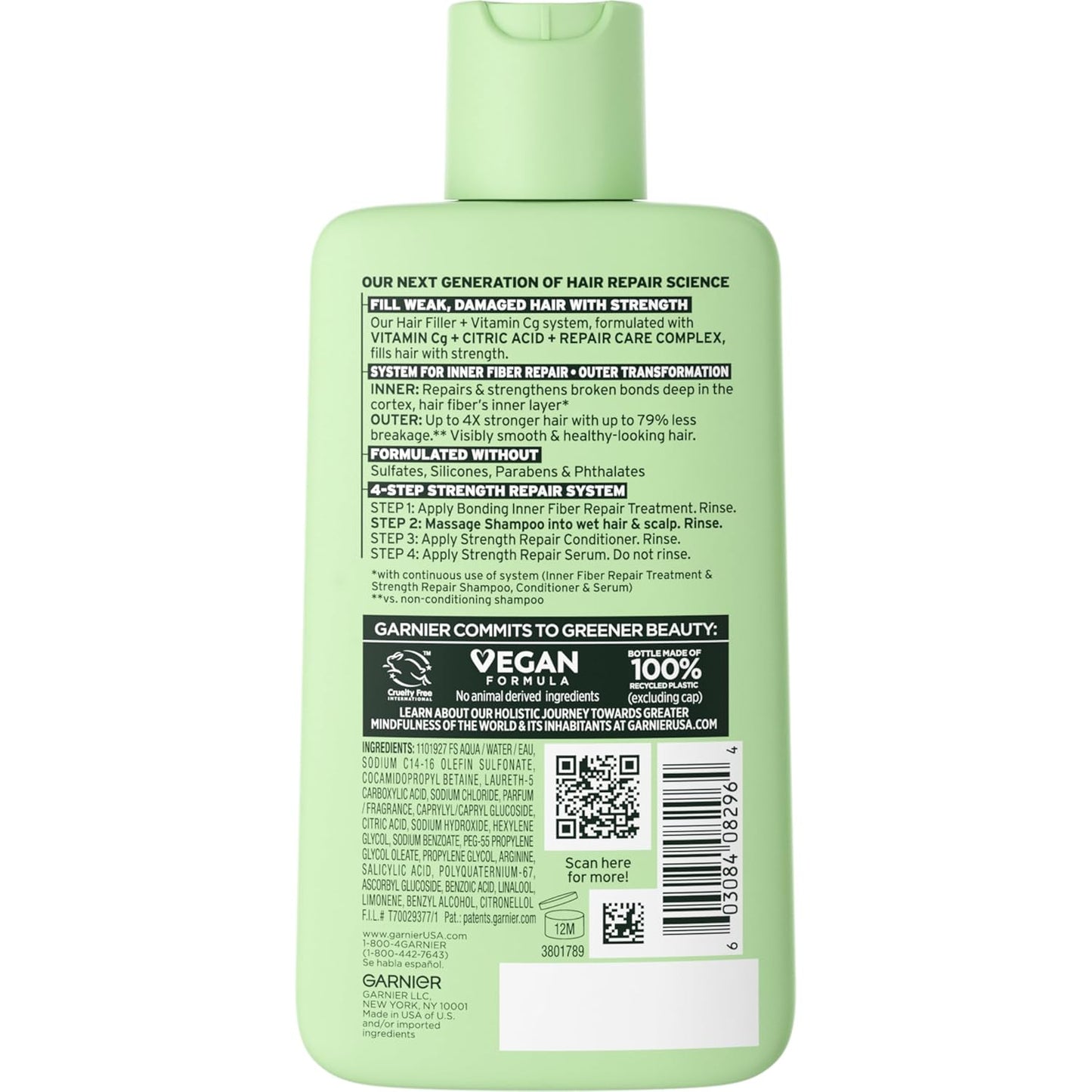 Garnier Fructis Hair Filler Shampoo - Strength Repair with Vitamin Cg | Sulfate-Free, 10.1 Fl Oz