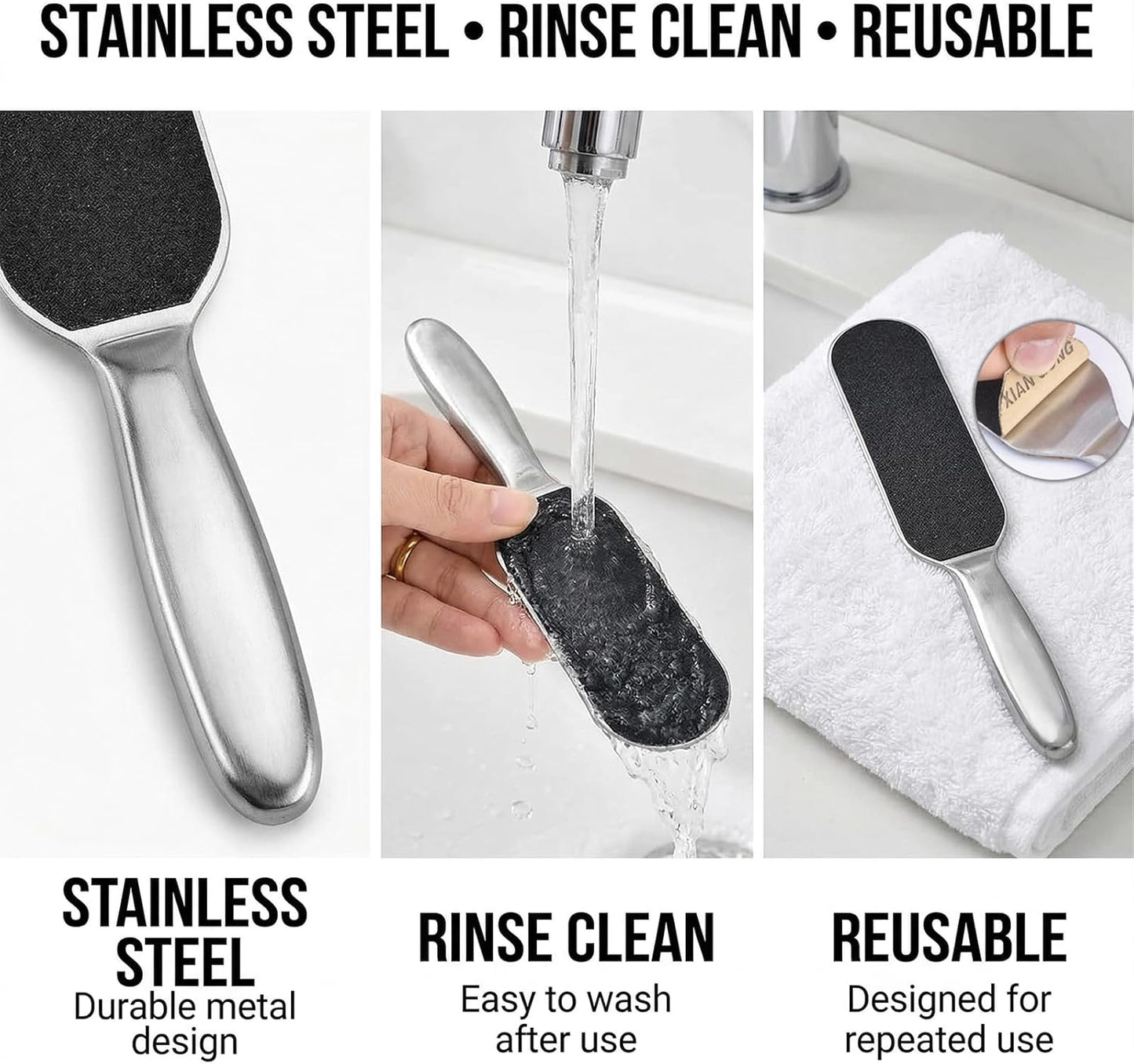 Skiennix Stainless Foot File Callus Remover - 3-in-1 Pedicure Kit with 10 Replacement Pads & 2 Exfoliating Masks