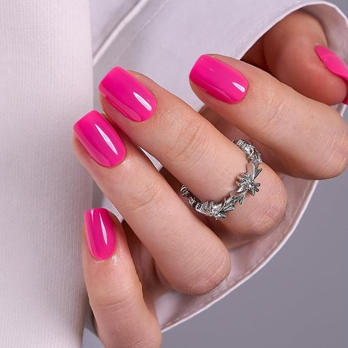 CurvLife Press-On Nails - Short Square Acrylic with Apricot Design | Glossy Nude Full Cover (Bright Pink)