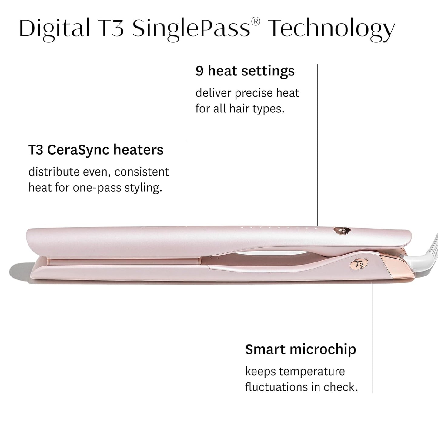 T3 SinglePass Smooth X Flat Iron - Extra-Long Ceramic Plates, 9 Heat Settings for All Hair Types