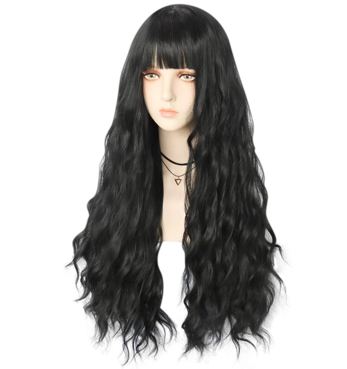 IMEYLE Wig Black Cosplay Wig Long Black Wig With Bangs for Women Wavy Wig Heat Resistant Synthetic Wig for Halloween Costume Party + Wig Cap