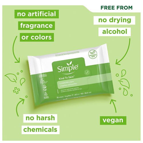 Simple Kind To Skin Cleansing Makeup Remover Wipes - Vegan Facial Cleanser Wipes with Vitamin B5 and E - Removes Waterproof Makeup - 2 pc