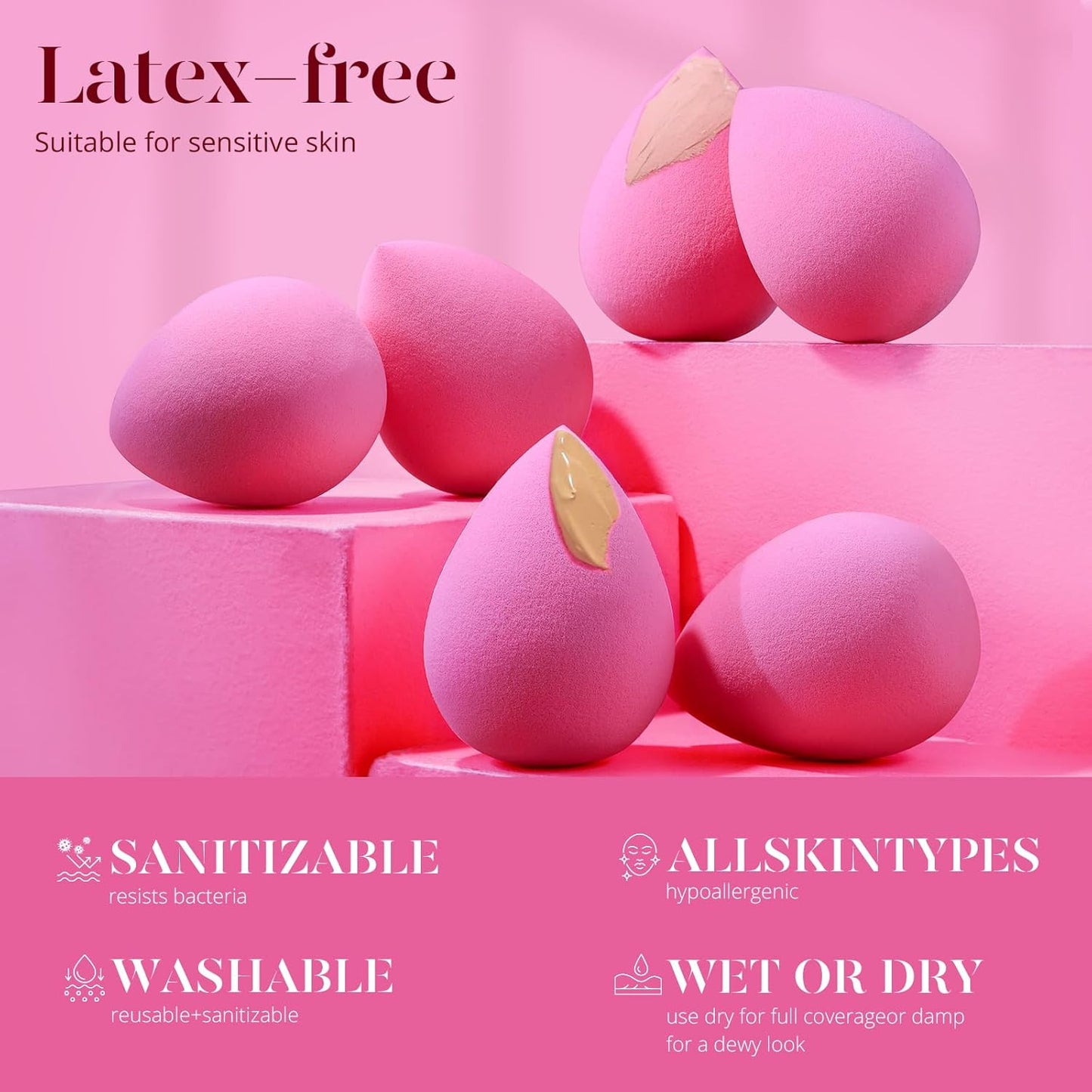 BEAKEY Super Soft Makeup Sponge Set - 6 Pink Blending Sponges for Foundation, Liquid & Cream