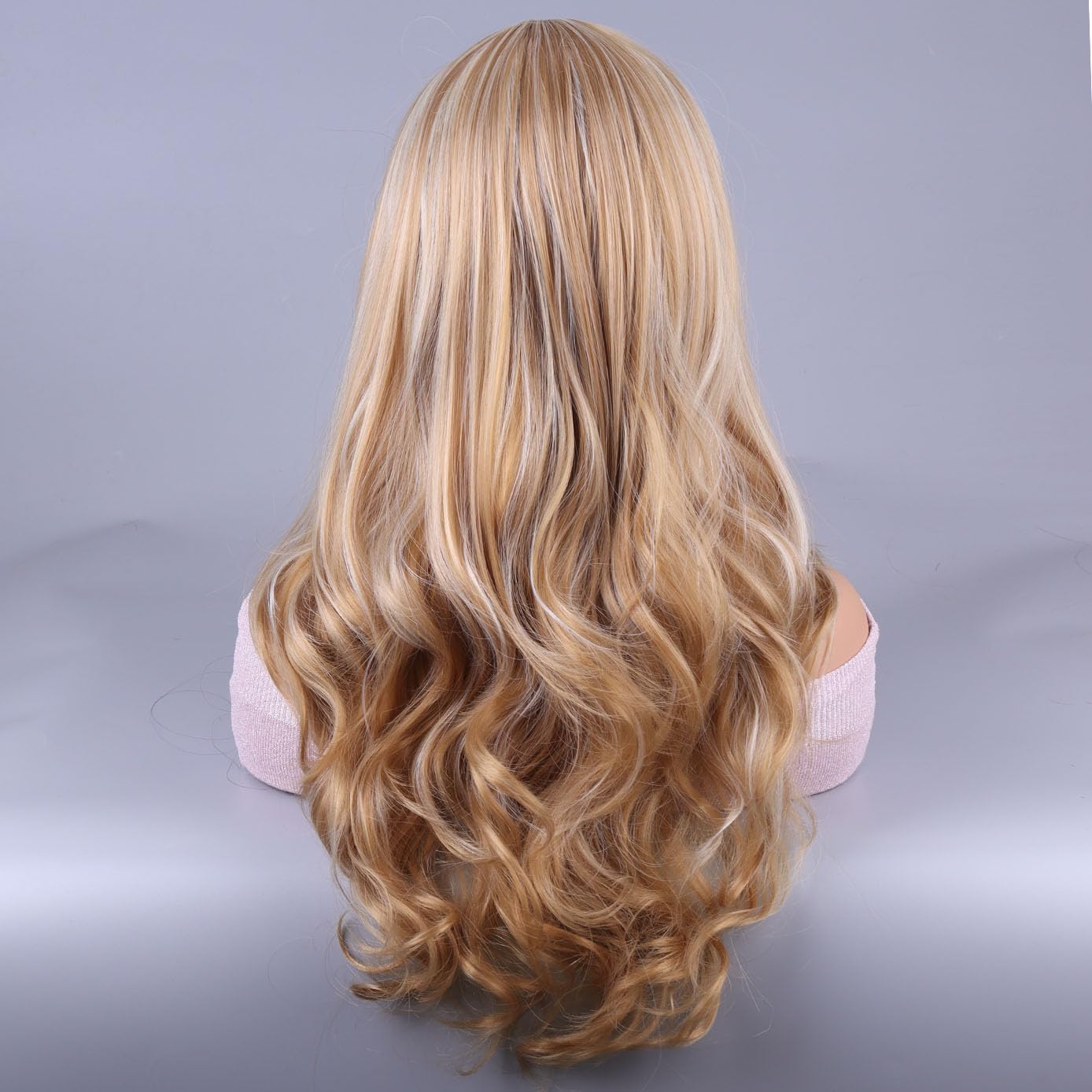 BERON Blonde Highlights Wigs Long Curly Wavy Women Wigs with Bangs Mixed Blonde Heat Resistant Synthetic Wigs for Daily Wigs