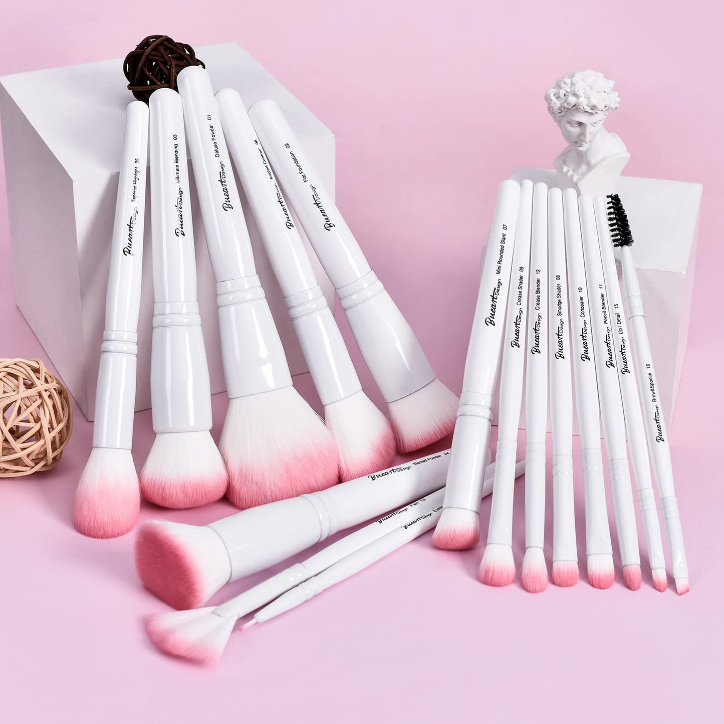Bueart Design 16Pcs ULTRA SOFT labeled Makeup Brushes set with brush Holder face brush for Foundation Powder Blending Blush wooden Handle(16Pcs White+Pink Holder)
