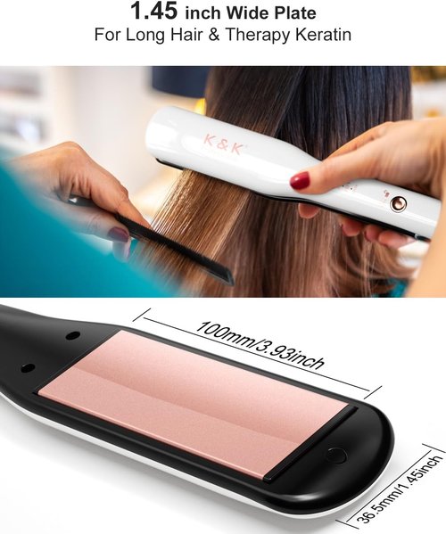 K&K Wide Hair Straightener Iron, Ceramic Tourmaline Coating 1.5 Inch Flat Iron for Long Hair, Professional Keratin Therapy Straighteners for Less Frizz, Shinier & Smoother Hair, Hair Styling Tools