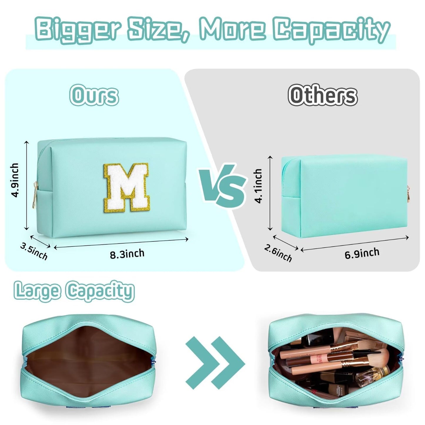 TOPEAST Preppy Makeup Bag, Personalized Initial Bags with Zipper, Cute Makeup Pouch, PU Leather Waterproof Cosmetic Bag, Birthday Gift for Daughter, Preppy Things for Girls (Blue A)