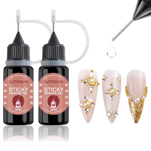 SUTOKAKA 2Pcs 10ml Nail Rhinestone Glue Super Strong Adhesive Nail Glue Gel for 3D Nail Art Charms Gems Jewels Diamonds Crystal Beads Home Manicure Salon Supplies Cured Need