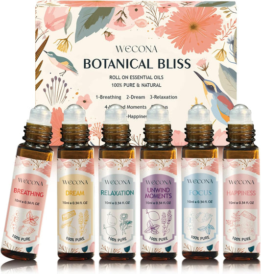 Wecona Aromatherapy Essential Oil Roll-On Set - 6x10ml Blends in Roller Bottles | Portable Relaxation Gift for Home