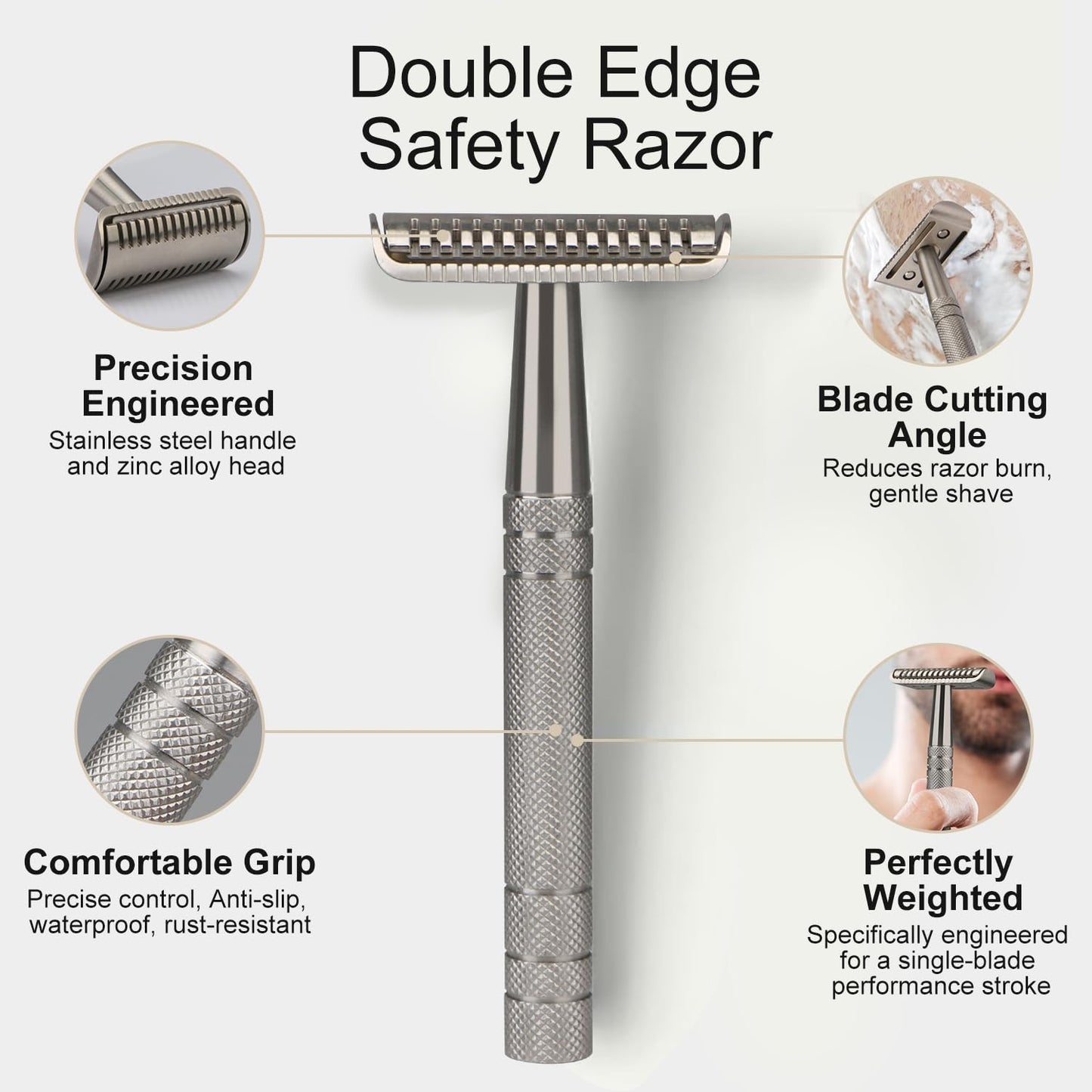 Stainless Steel Safety Razor - Single Blade Design for Men | Includes 10 Double Edge Blades, Heavy-Duty Handle, Smooth Shave, Silver Finish