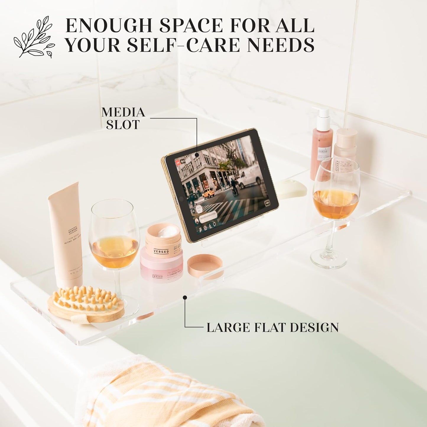 Supreme Plus Luxury Bathtub Tray Caddy - 3/8" Thick Clear Acrylic with iPad & Wine Glass Holders