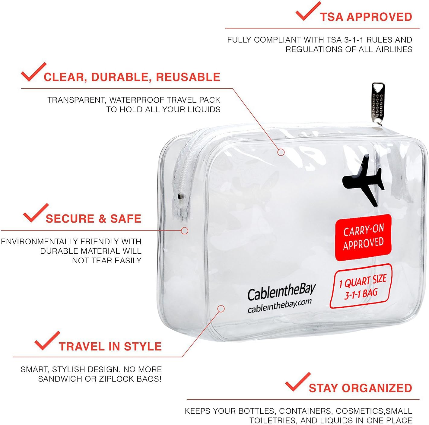 Skiennix TSA Approved Clear Travel Toiletry Bag - Quart Sized Zippered 3-1-1 Kit for Men & Women