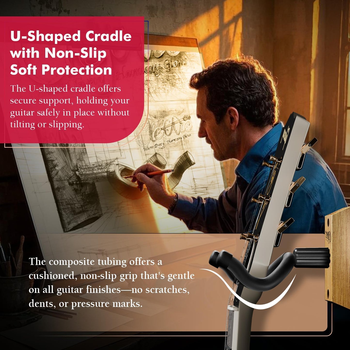 Guitar Wall Mount Beech Wood - 2 Pack U-Shape Guitar Wall Hangers, Guitar Picks, Pick Holder, Guitar Stand Wall, Guitar Hanger, Gifts for Guitarists, with 6 Assorted Guitar Picks