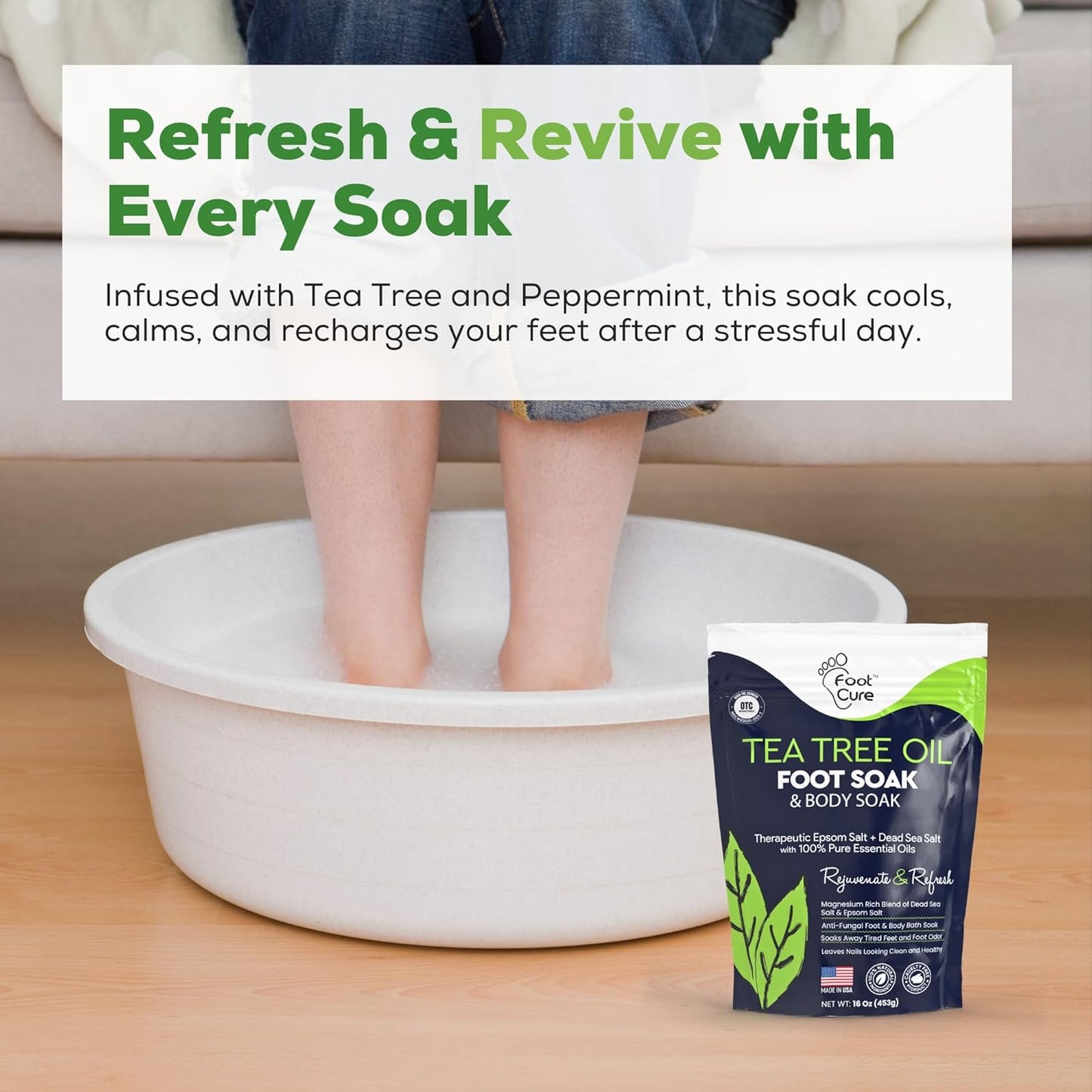Tea Tree Oil Foot Soak by [Brand Name] - Epsom Salt Formula for Toenail Repair & Sore Feet Relief | 16 oz