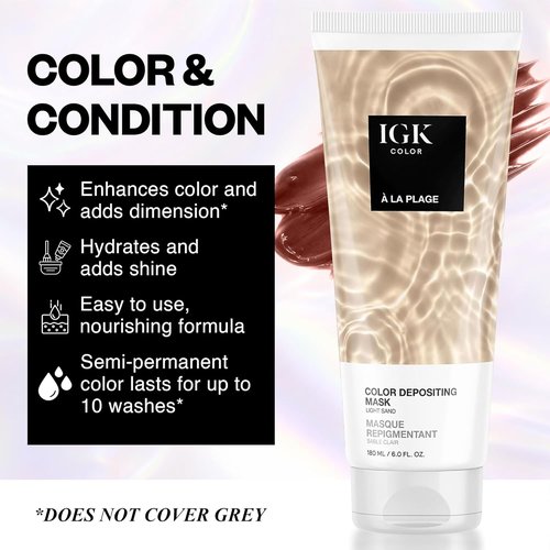 IGK A La Plage Color Depositing Hair Mask - Light Sand Semi-Permanent Conditioner & Gloss Toner | Hydrating, Vegan & Cruelty-Free | 6 oz
