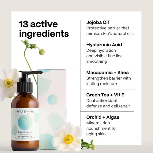 Mad Hippie Cream Cleanser - Gentle Hydrating Formula with Hyaluronic Acid & Jojoba Oil, 4 Oz