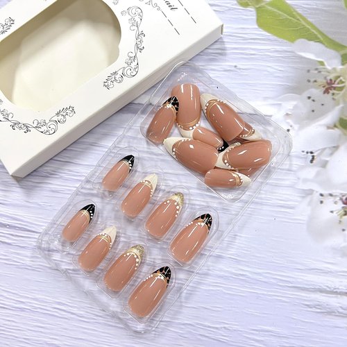 LOPMNGHT French Tip Press on Nails Almond Shaped Gold Glitter Powder Design Acrylic Nails Leopard French Stick on Nails Medium Charm Nails Press Ons Glossy Glue on Nails for Women 24Pcs Manicure Kit