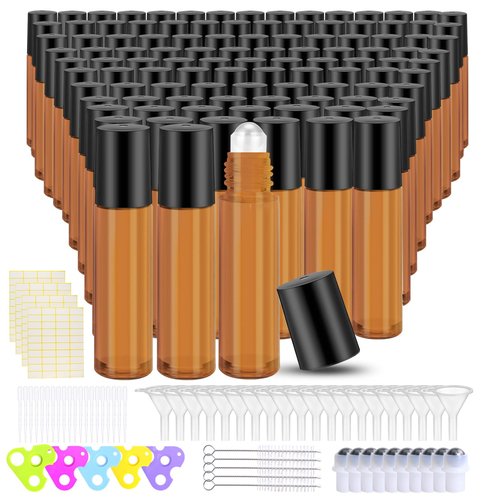 150 Pcs Essential Oil Roller Bottles 10 ml Leakproof Empty Glass Roll on Bottles with Stainless Steel Roller Balls with 20 Funnels 20 Droppers 5 Opener for Travel Perfume Essential Oil(Amber)