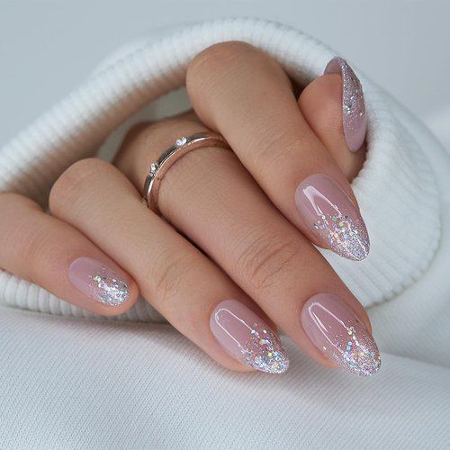 Curvlife Press On Nails Medium Almond Apricot - 30pcs Handmade Glitter Press on Nails with Glue, Glossy Nude Pink Apricot Full Cover Fake Nails Long Lasting False Nail Tips for Women