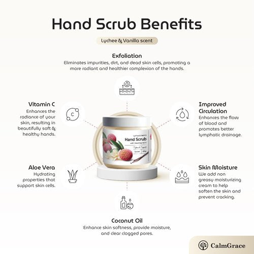CalmGrace Exfoliating Hand Scrub with Dead Sea Salts, Lychee & Vanilla Scent | Hand Scrub Exfoliator in Sorbet Texture, Body Care Moisturizer | Fortified with Aloe Vera, Coconut Oil, Vitamin C