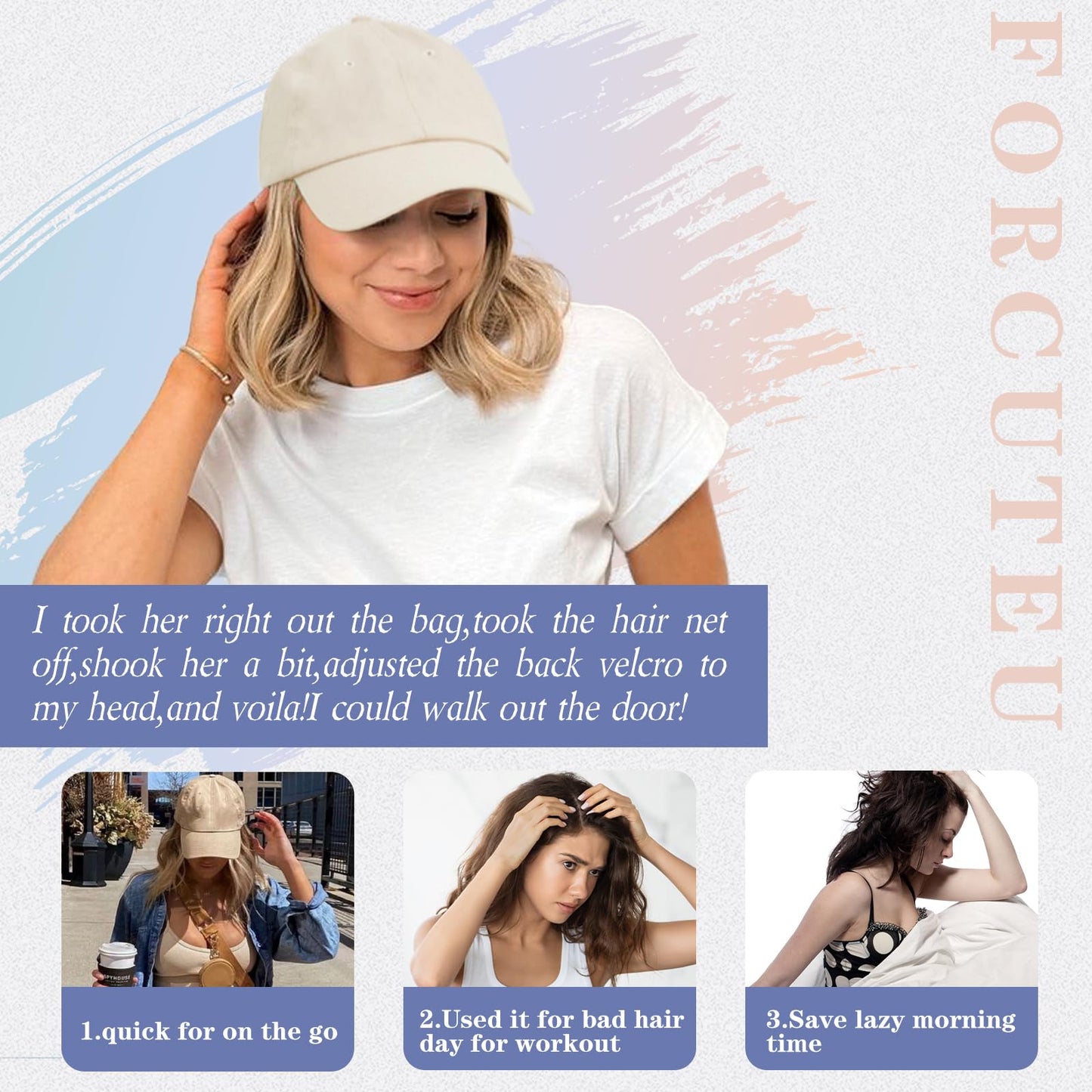 FORCUTEU Baseball Cap with Hair Extensions Short Straight Bob Hairstyle Hat Wigs for Women Caps with Hair Attached Adjustable Baseball Cap Wig for Daily Use