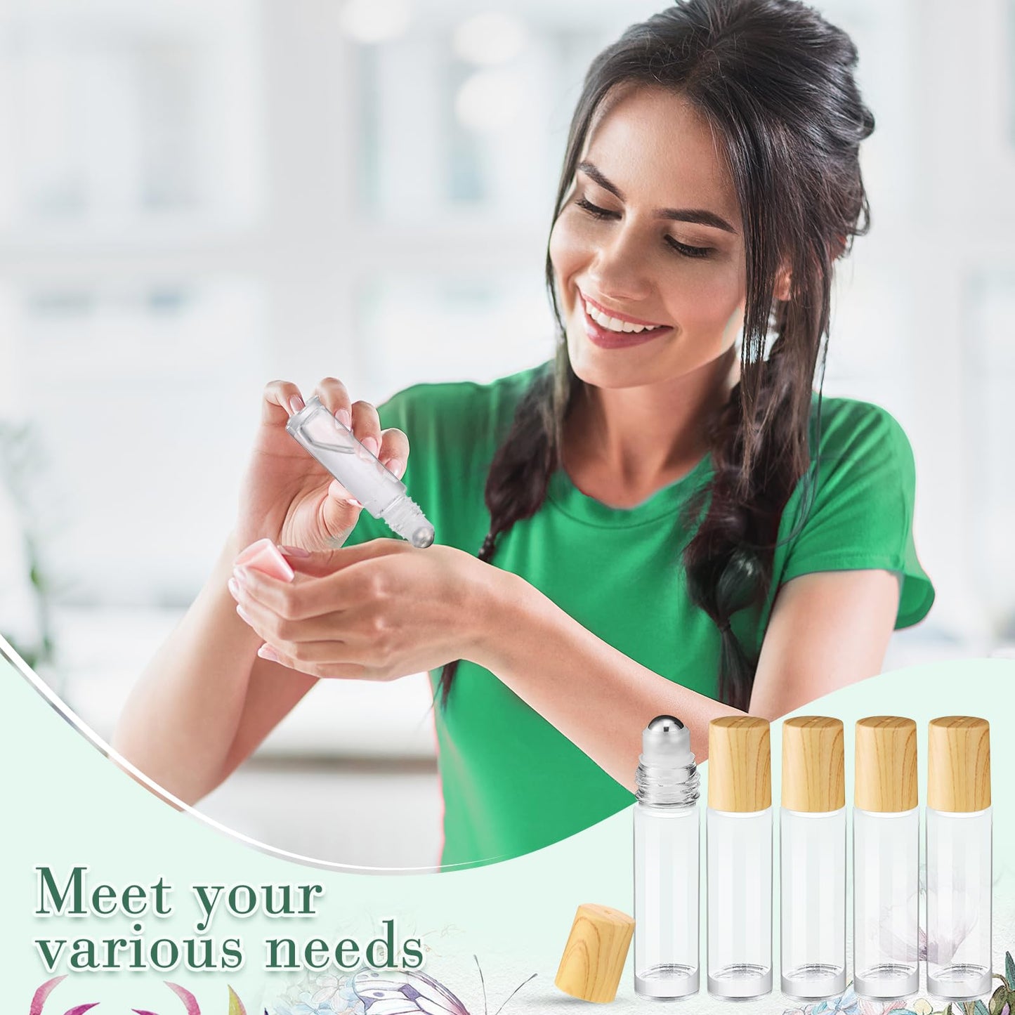 Sumind 150 Pcs Essential Oil Roller Bottles 10 ml Glass Empty Roll on Bottles with Stainless Steel Balls Leak Proof with 5 Funnel for Travel Essential Oil(Clear, Wood)