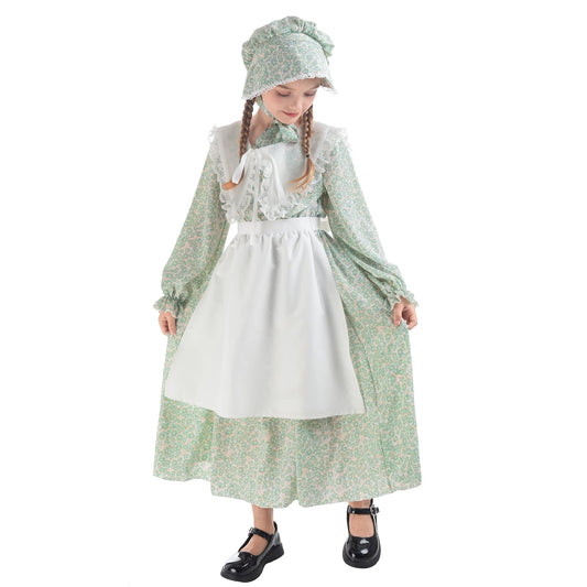 LTAKK Prairie Dresses for Girls Pioneer Colonial Costume Girl Pilgrim Dress with Shawl, Apron and Bonnet, Seagreen, Large