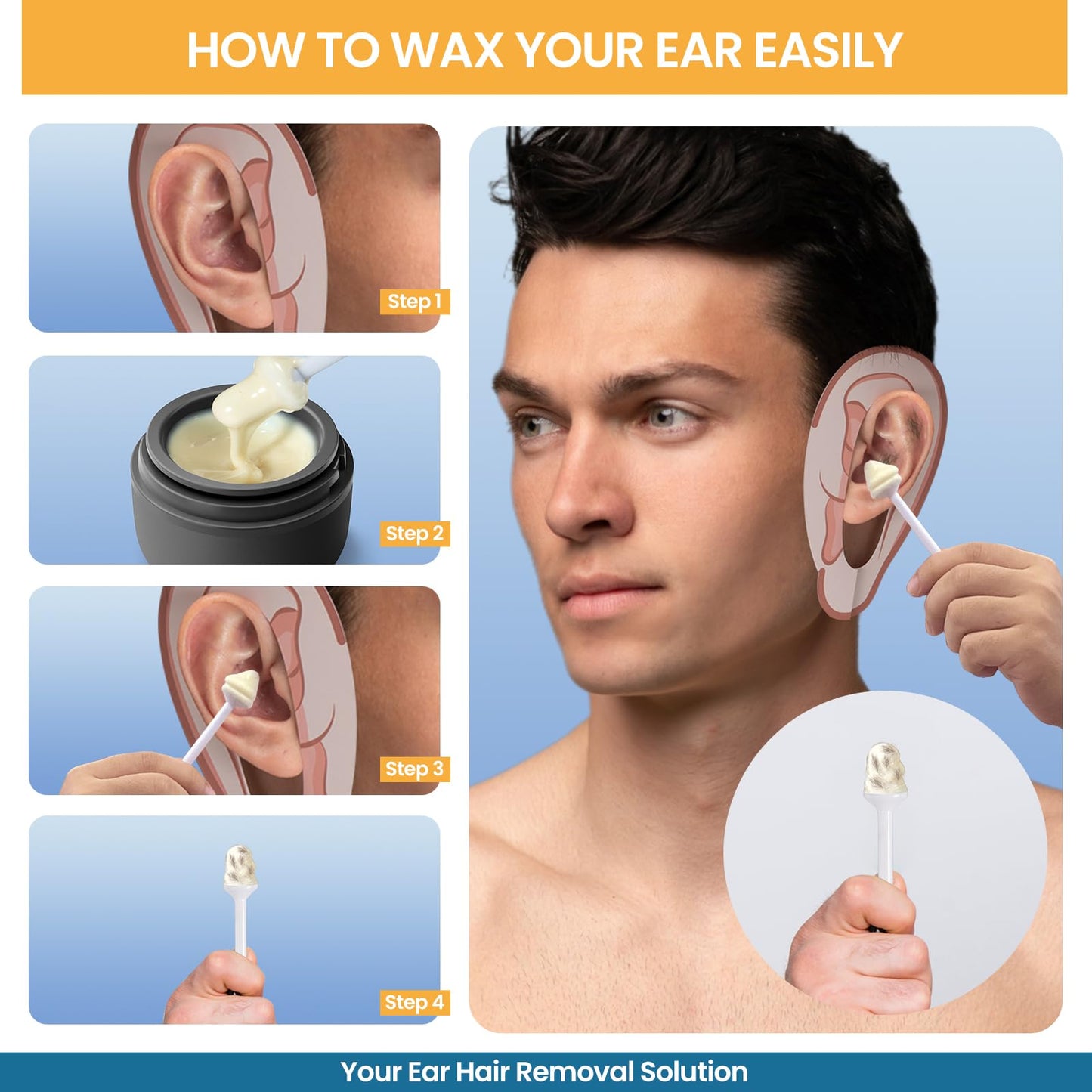 Suerbeaty Ear Nose Wax Kit Men, Ear Nose Waxing Kit, Ear Hair Removal Wax with 100 g Wax, 20 Applicators, 30 Ear Protective, 15-20 Times, Usb Rapid Heating, Constant Temperature, Painless, Black