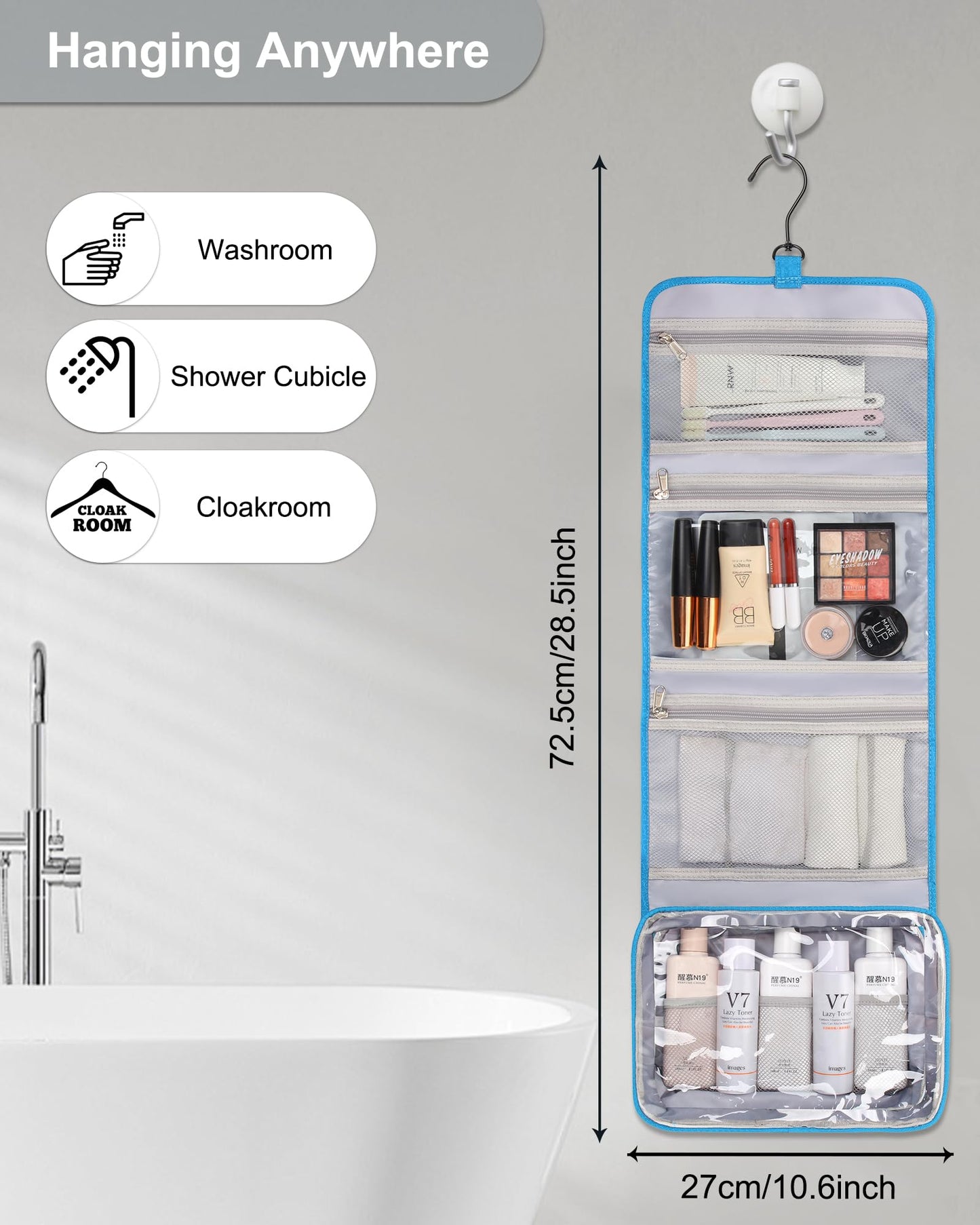 Relavel Travel Hanging Toiletry Bag for Women Men Large Capacity Makeup Bag Waterproof Cosmetic Storage Organizer Case for Bathroom Shower (Blue)