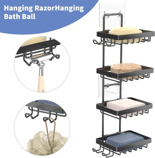 Moforoco 4-Tier Soap Bar Holder - Wall Mounted, No Drilling, 304 Stainless Steel | Bathroom Organizer with Hooks & Razor Holder