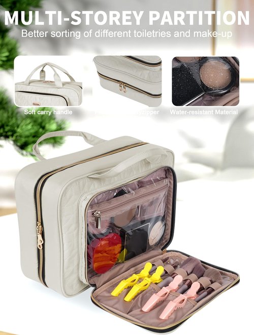 BALULHG Travel Toiletry Bag for Women Large Capacity with Hook - Portable Cosmetic Case,Hanging Makeup Bag for Full Sized ToiletriesTravel Essentials for Business Trips and Camping Beige