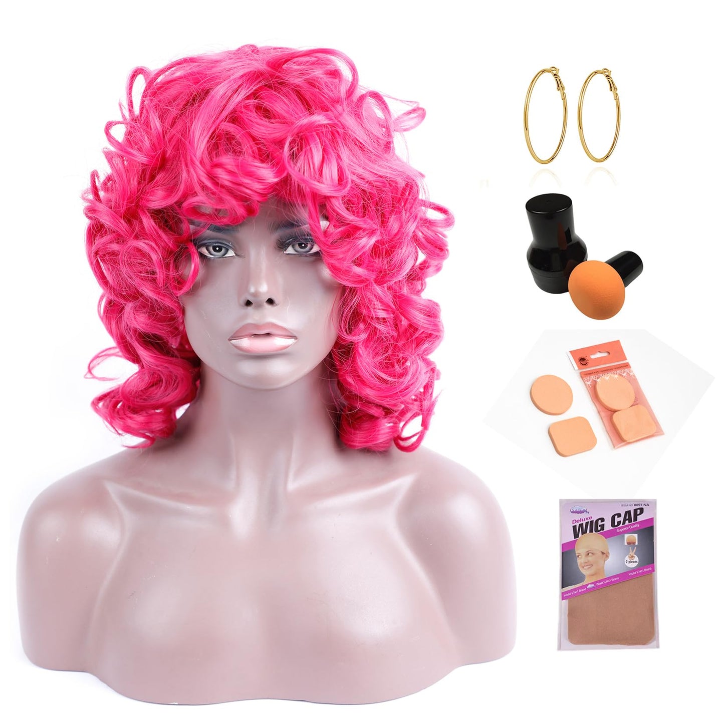 Kavsni Hot Pink Curly Wig for Black Women Soft Short Curly Wig with Bangs for American Women Wigs（Large Earrings+Makeup Sponge+Wig Cap） (Hot Pink)