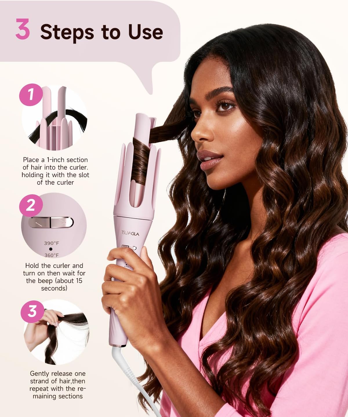 Skiennix 5-in-1 Auto Curling Iron Set - Interchangeable Barrels, Rotating Ceramic Curler, Pink