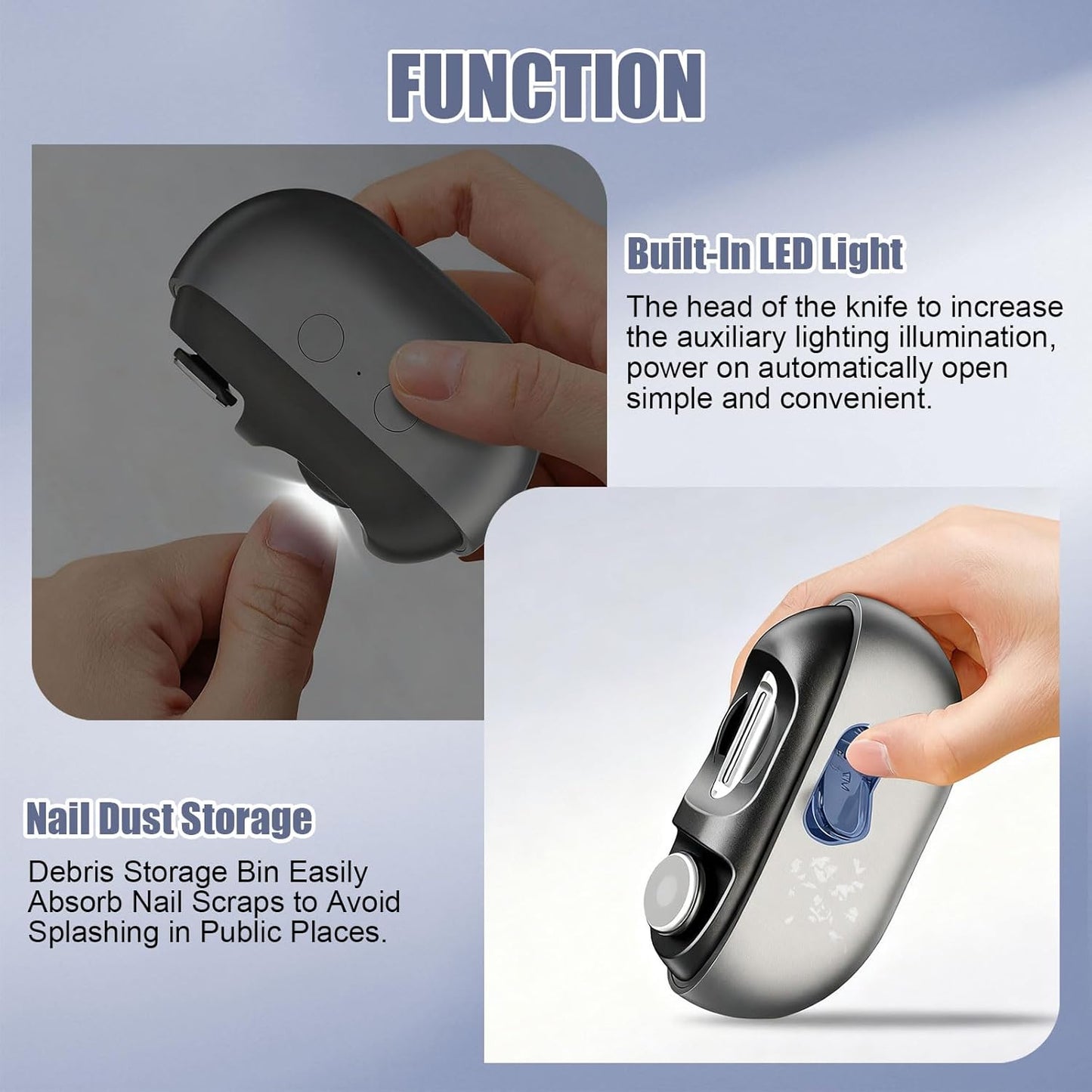 Electric Nail Clipper, Electric Nail Clippers for Seniors & Adults, Baby Automatic Nail Clipper with LED Light & Nail Scraps Storage, 3-in-1 Electric Nail Trimmer for Toenails & Fingernails (Grey)