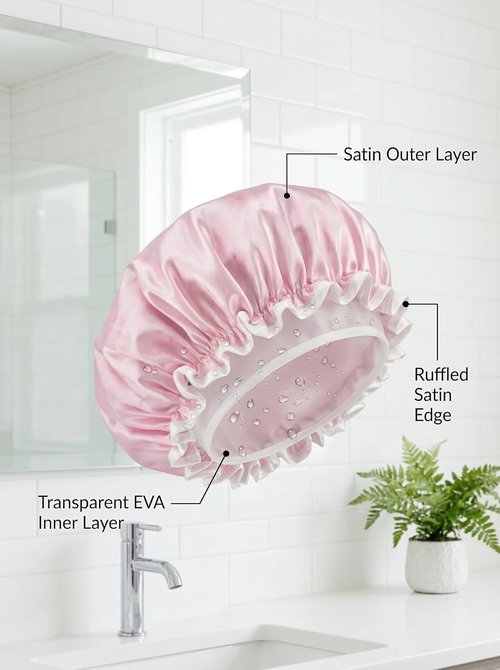Aquior Waterproof Shower Caps for Women - Reusable Hair Cap with Soft Elastic | Large Pink Design for Long Hair